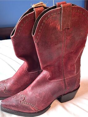 Sonora Burgundy Roughout Snip Toe Distressed Rustic Leather Western Boots 9.5